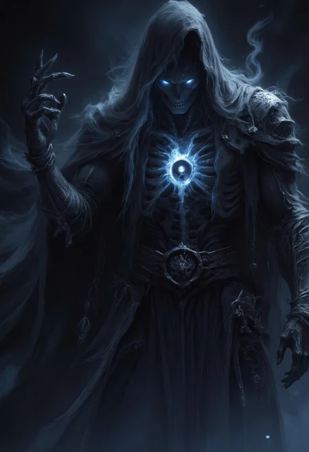 score_9, score_8_up, score_7_up, Halloween theme, /BREAK/  Dark light, Dark theme, Glowing eyes, ice haze, lich, dark fantasy, skeleton, smoke cloth, /BREAK/ hyper detailed, ultra detailed, hight resolution textures, masterpiece, best quality, 32K UHD, ArsMJStyle, dnddarkestfantasy, mythp0rt, Gloomy, smoke cloth,
