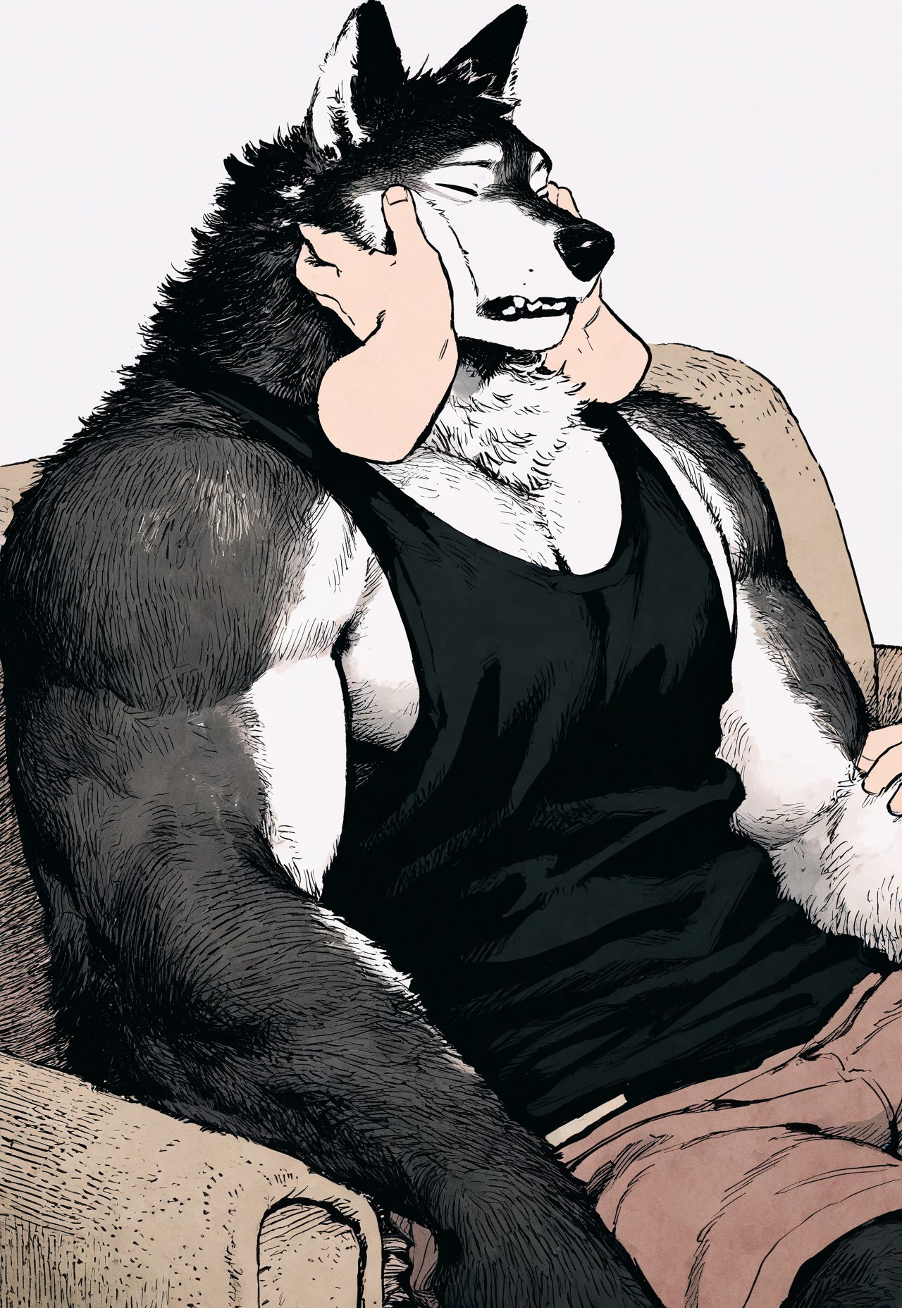 masterpiece, best quality, newest, very aesthetic, absurdres, very awa, mucknagabe, (ibsukionsen:0.4), ovopack, male focus, anthro, wolf, fluffy, broad shoulders, tank top, shorts, on sofa, closed eyes, cheek squish, hands on cheeks, teeth, disembodied arms, three quarter view