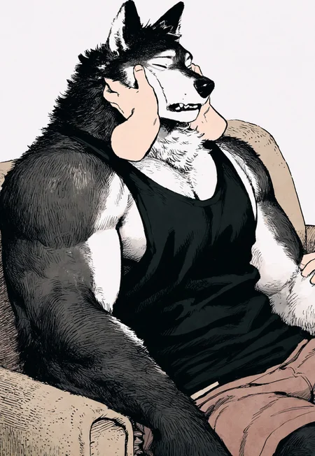 masterpiece, best quality, newest, very aesthetic, absurdres, very awa, mucknagabe, (ibsukionsen:0.4), ovopack, male focus, anthro, wolf, fluffy, broad shoulders, tank top, shorts, on sofa, closed eyes, cheek squish, hands on cheeks, teeth, disembodied arms, three quarter view