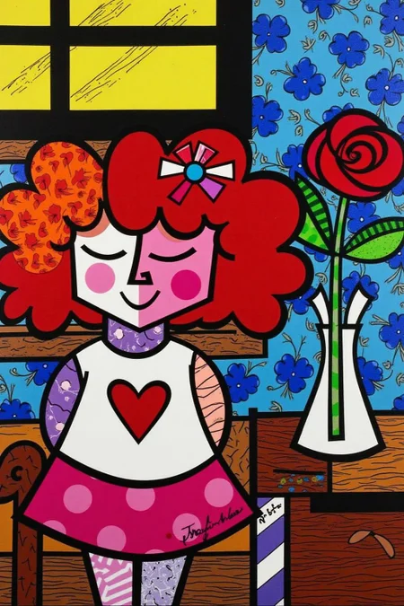 romeb1 illustration.
The central figure is a girl with bright red curly hair On the right is a vase with a single stem of rose in it. There is a window behind her. <lora:romeb1_cap_d6a3e12:1.0><lora:829123860315060841:0>