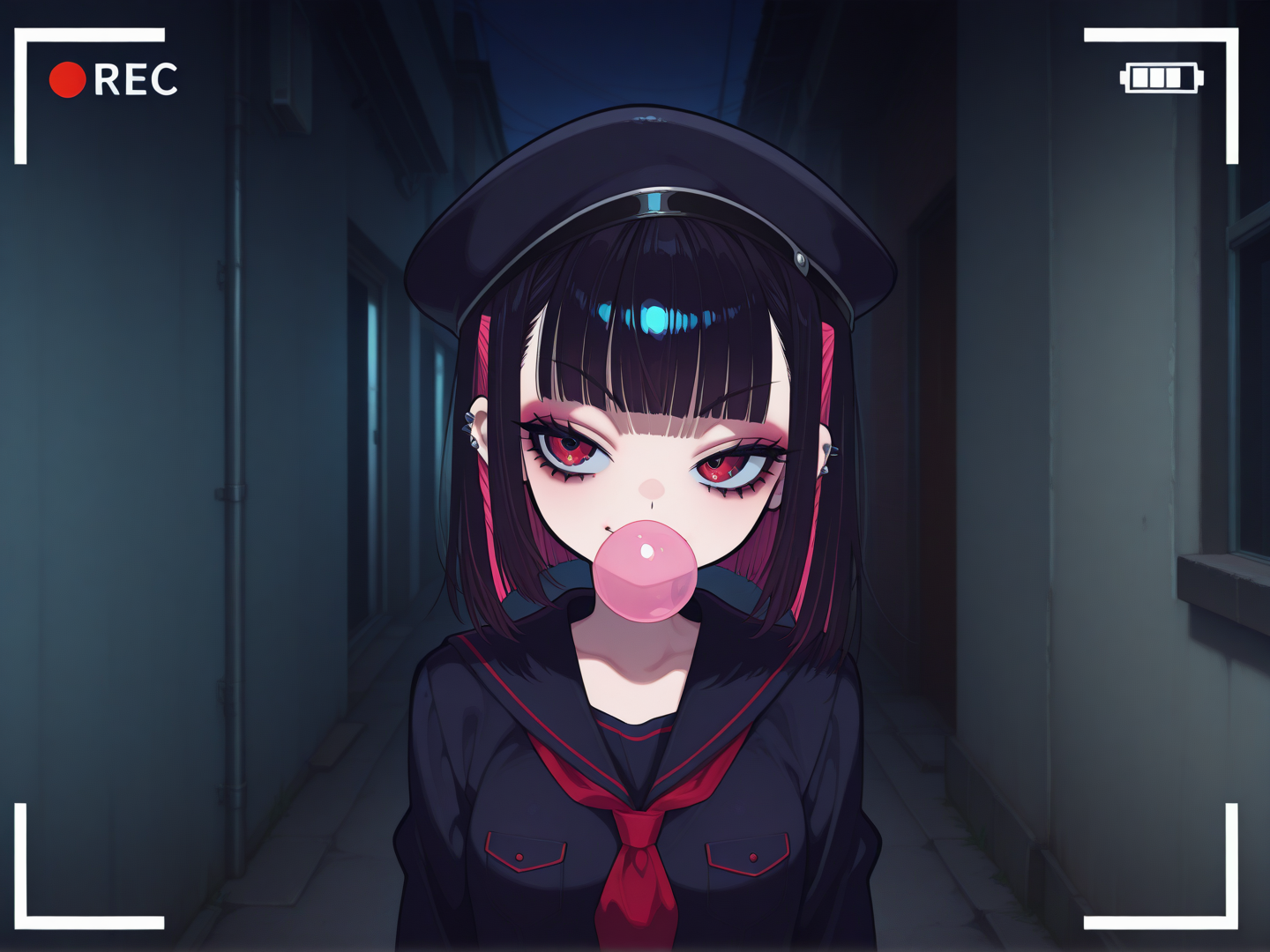 punk girl with smeared makeup loiters in a dark alley, flipping off a security cam, chewing gum, sneering with bad-girl attitude, unaware her life is about to change forever
 <lora:DarkfireStyle20:1>