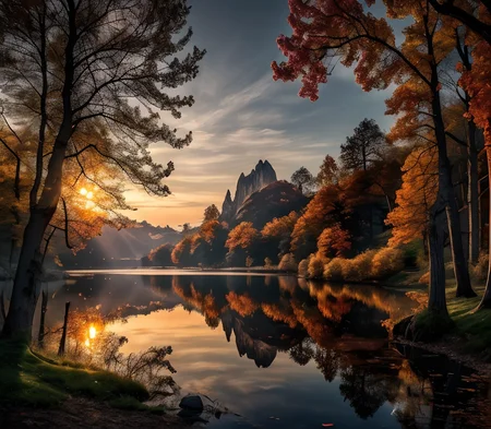 RAW photo, (masterpiece:1.3), subsurface scattering, heavy shadow, (high quality:1.4), (intricate, high detail:1.2), professional photography, HDR, High Dynamic Range, realistic, ultra realistic, photorealistic, high resolution, film photography, ambient lighting, atmospheric effects, <lora:detail_slider_v4:2>, OverallDetail, <lora:FantasyRiver:1>, fantri, foreground, him, lake, running, sunset, the, trees, with