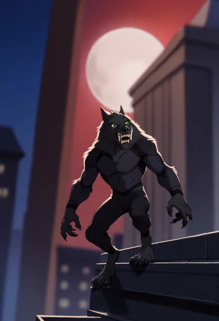Score_9, score_8_up, score_7_up, score_6_up, SpecStyle, <lora:SpecPony:1.1>, wide shot, BREAK, 
1boy, Werewolf, (furry male, solo, black fur, animal ears, yellow eyes, sharp teeth, claws), 
red sky, full moon, night, blurry background, building, blurry, parody, green eyes, 1boy, solo, outdoors, day, full_body, male focus, posing, bodysuit, on rooftop, leaning against rooftop door,