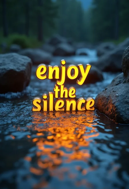 A scene with golden glowing 3D text reading "enjoy the silence" semi submerged in a rocky Nordic river in summer with blue highlighted reflection's , backlit lighting Low wide angle, flowing river, Expressiveh,(best quality:1.1), (detailed), (highres, best quality:1.2) , cinematic lighting, black pro mist filter, Hollywood filter, film still cinematic photo breathtaking score_9, score_8_up, score_7_up, BREAK, 8k, masterpiece, high quality, highly detailed, detailed skin, depth of field, film grain, highly detailed, detailed skin, depth of field, film grain, <lora:CinematicStyle_v1:1> . award-winning, professional, highly detailed . 35mm photograph, film, bokeh, professional, 4k, highly detailed . shallow depth of field, vignette, highly detailed, high budget Hollywood movie, bokeh, cinemascope, moody, epic, gorgeous, film grain