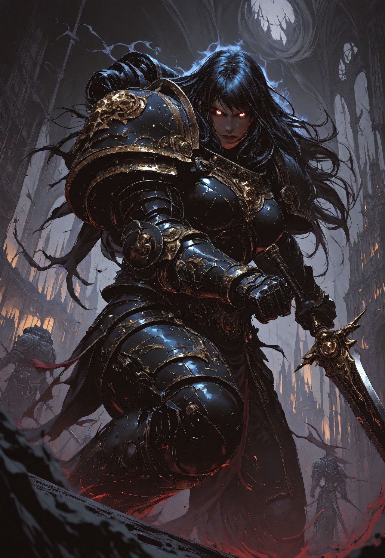 masterpiece, best quality, high quality, 
newest, highres, 8K,HDR,
absurdres, 

dynamic angle, 
realistic, 

1girl, 
BlackT40k, 
power armor, 
long hair, 
weapon, 
glowing eyes, 
dark fantasy, 
holding sword, 
floating, 
ethereal aura, 
white and black color scheme, 
armored gauntlets, 
golden ornaments, 
looking at viewer, 
battle stance, 
supernatural energy, 
shadowy background, 

gothic architecture, 
dynamic pose, 
dramatic lighting, 

detailed background, 
depth of field, 
foreshortening, 
detailed background, 
dynamic pose, 
dynamic composition,
dutch angle, 
foreshortening,
blurry edges, 
<lora:ILLIronW40k:1>
