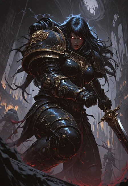 masterpiece, best quality, high quality,
newest, highres, 8K,HDR,
absurdres,
dynamic angle,
realistic,
1girl,
BlackT40k,
power armor,
long hair,
weapon,
glowing eyes,
dark fantasy,
holding sword,
floating,
ethereal aura,
white and black color scheme,
armored gauntlets,
golden ornaments,
looking at viewer,
battle stance,
supernatural energy,
shadowy background,
gothic architecture,
dynamic pose,
dramatic lighting,
detailed background,
depth of field,
foreshortening,
detailed background,
dynamic pose,
dynamic composition,
dutch angle,
foreshortening,
blurry edges,
<lora:ILLIronW40k:1>