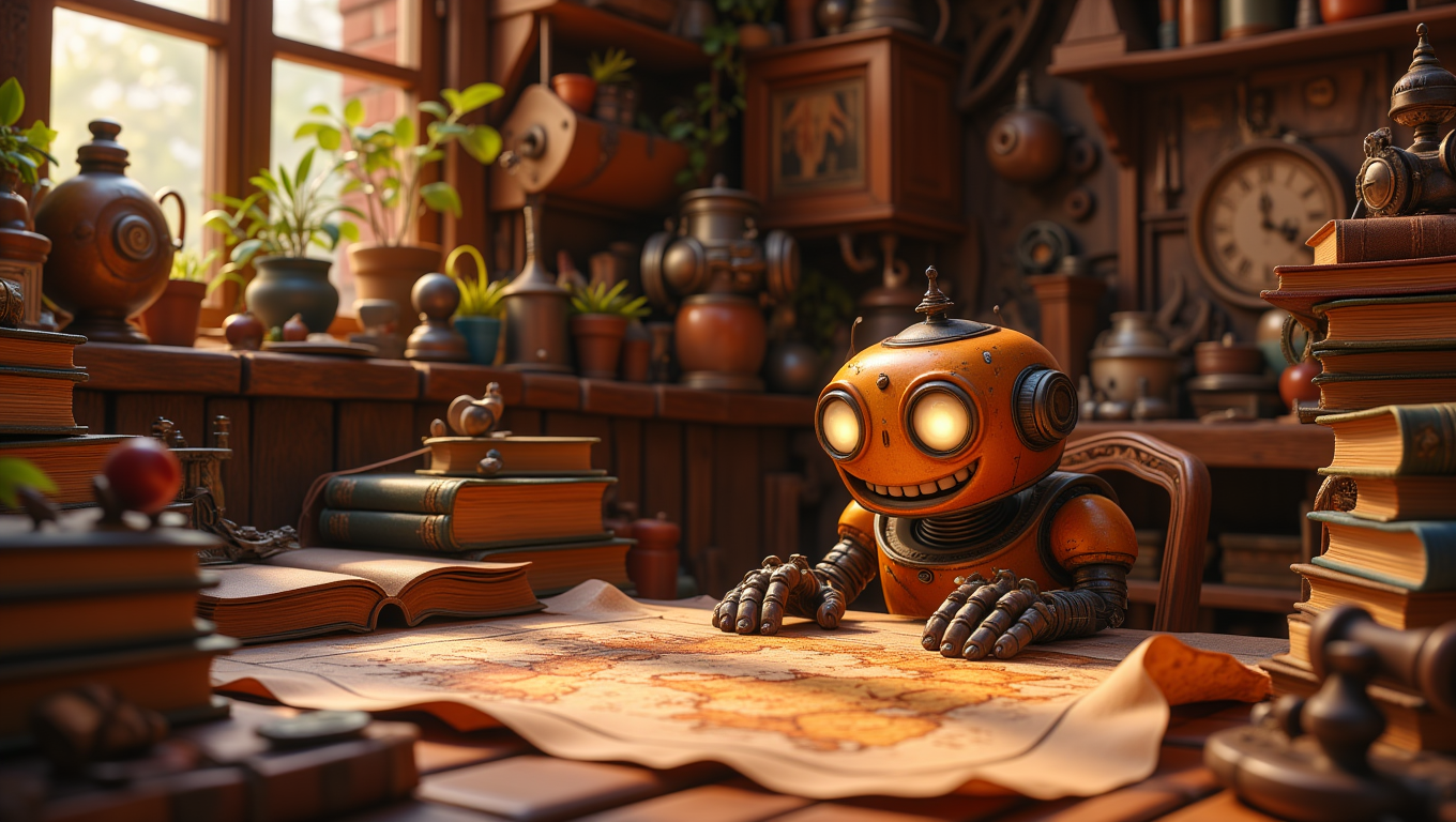A small, round robot with big, glowing eyes is peeking out from behind a stack of old books in a cluttered workshop. Its metal hands are reaching for a dusty, ancient map spread out on a nearby table. The room is filled with quirky inventions, gears, and half-finished projects. The robotâs expression is a mix of wonder and curiosity as it uncovers a long-forgotten secret.  <lora:Cute_3d_Cartoon_Flux:0.6>