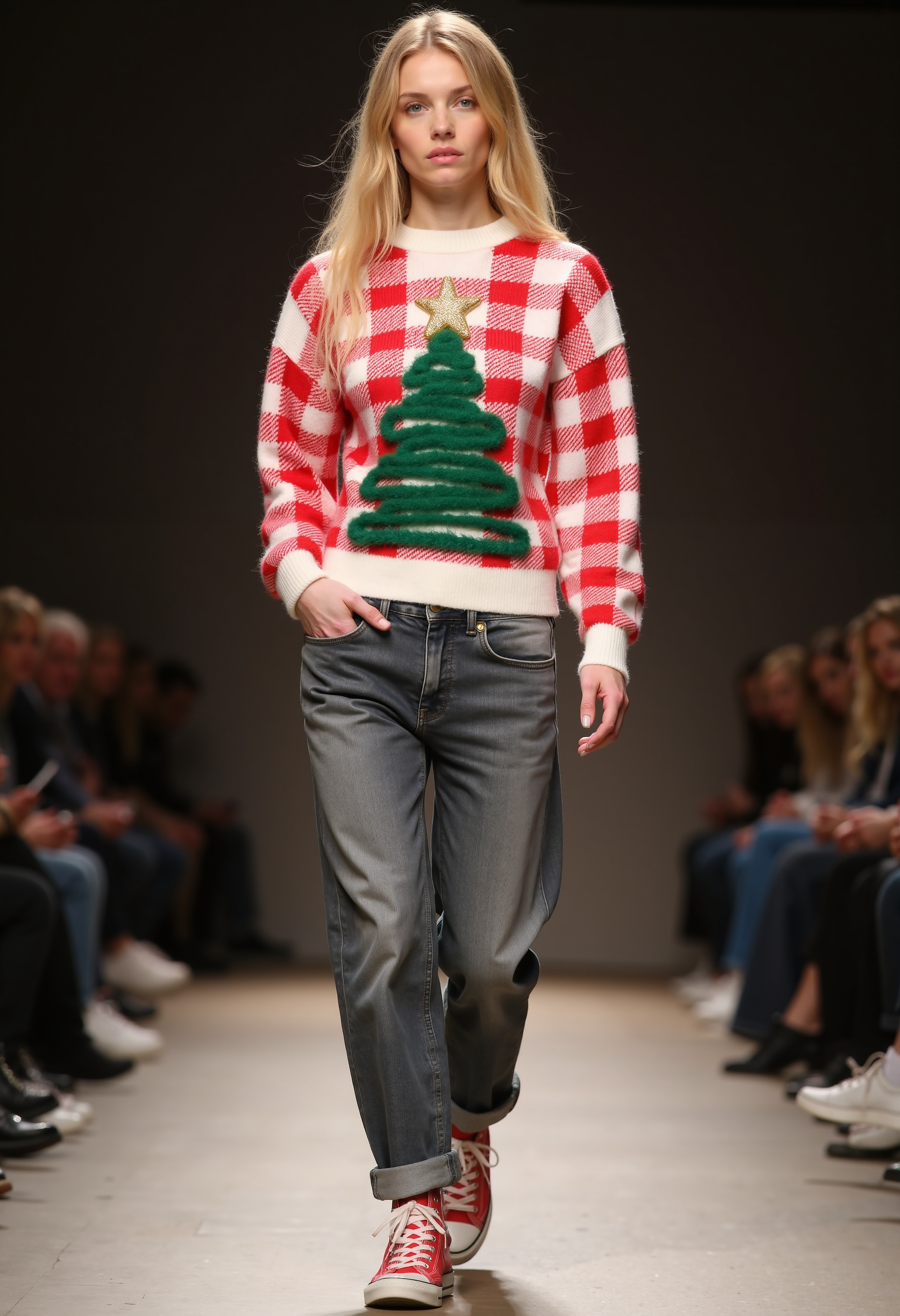 clo031, full body shot, beautiful woman, wearing a red-and-white checkered knit sweater with a fuzzy green Christmas tree design and a gold star on top, soft textures, paired with relaxed cuffed gray jeans and red sneakers. walking on a catwalk