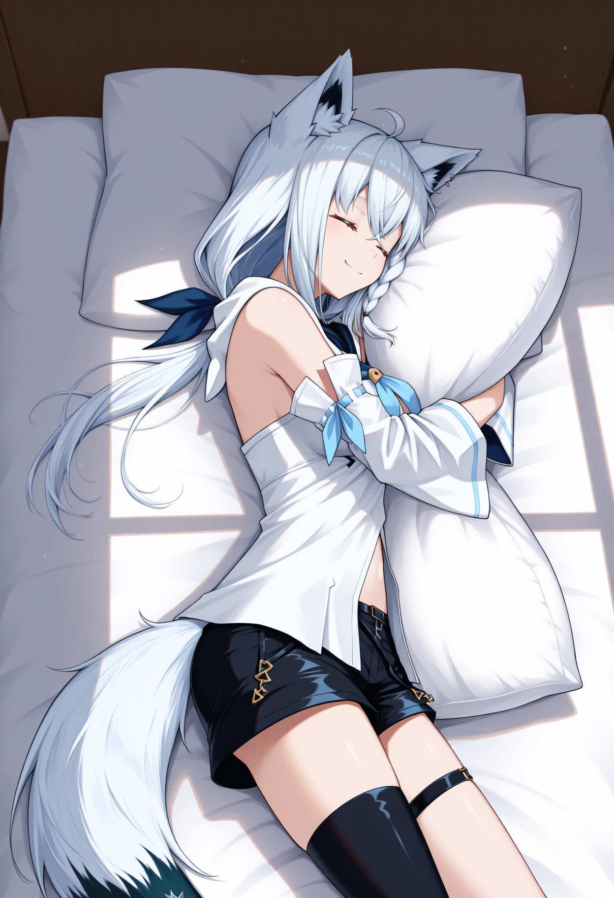window shadow, shade, lying, on bed, sleeping, on side, pillow hug, smile, closed eyes, <lora:window_shadow_NOOB-EPS1.1v3:1>  <lora:fubuki_10outfits_illustrious_v2:1> fbk_base, white blouse, detached sleeves, black shorts, blue neckerchief, thigh strap, single thighhigh, side braid, fox tail