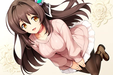 marina katsuragi,1girl,standing,solo,large breasts,long hair,brown hair,yellow eyes, pantyhose,dress,boots,open mouth,smile,looking at viewer,hair ornament,choker,black pantyhose,brown eyes,casual,open sweater,<lora:Exstia_Marina:1>,simple background,, score_9, score_8_up, score_7_up,source_anime,(masterpiece),(best quality),(ultra-detailed),(best illustration),(best shadow),(absurdres),(detailed background),(very aesthetic),