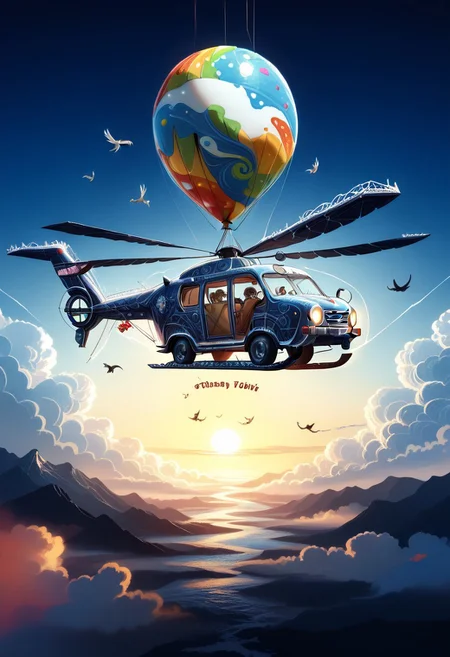 ppstorybook, A whimsical, flying van made of shingles with rainbow-colored paint and oversized wheels, soaring through the clouds with balloons made of shingles trailing behind, surrounded by fluffy clouds made of shingles and playful birds made of shingles , depicted in a cheerful, cartoonish style with soft pastel hues. mad-shingles