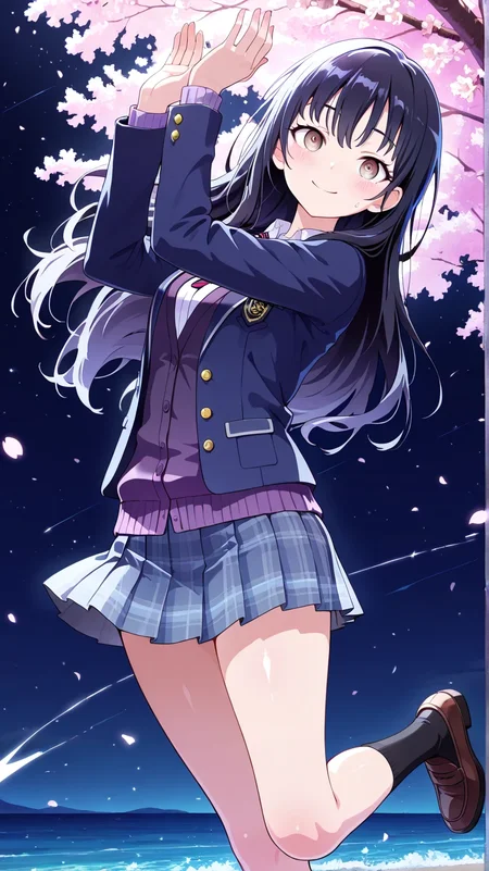 masterpiece, 1girl, solo, scenery, (detailed eyes), (high definition eyes), (high gradient eyes), (eyesHD), (best quality:1.4), (amazing quality:1.3), very aesthetic, (blush), shiny skin, ambience, Shiny Eyes, Shiny Skin Thighs, hips swaying, BREAK, (Yamada_Anna), black hair, brown eyes, long hair, sidelocks, anime coloring, skin_clean, shiny_skin, night, midnight, looking at the sea, BREAK, cherry blossoms background, leaning back, leaning to the side, smile, very long hair, free pose, delicate skin texture, fair skin, delicate face, pastels, bright tones, wind, light particles, light, bright tones, motion lines, extremely detailed, intricate, delicate details, movie lighting, very beautiful, absurd, dynamic graphics, dynamic angles, special movements, dynamic poses, action poses, dynamic movements, (Illustration: 1.2), (8K Wallpaper), (Beautiful, pretty eyes: 1.2), Delicate eyes, beautiful, soft colors, clear line, project sekai, soft, pastel, colorful, BREAK, school uniform, blue skirt, long_sleeve, blazer, open blazer, close blazer, white shirt, pleated skirt, collared shirt, sweatdrop, pocket, blue jacket, cardigan, purple cardigan, black socks, loafers, brown footwear