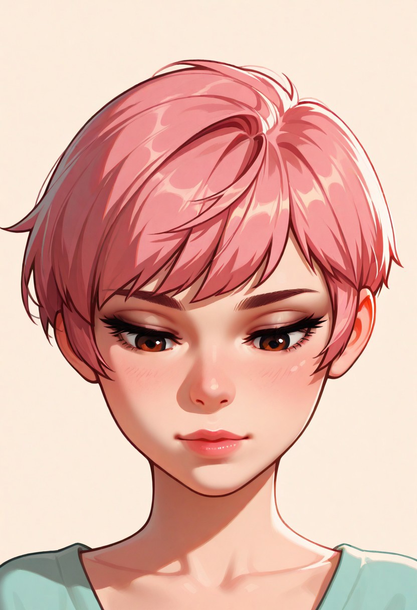 chibi, high contrast, masterpiece, best quality, amazing quality, very aesthetic, retro artstyle, realistic, promotional art, newest, volumetric lighting.
(artist:incase:0.5), (artist:tsuaii:0.5), color theory,
1girl, face,solo, straight-on, focus on face, front view, portrait, tilt head down, look down, Pixie cut, pink hair, luminescent background, simple background.