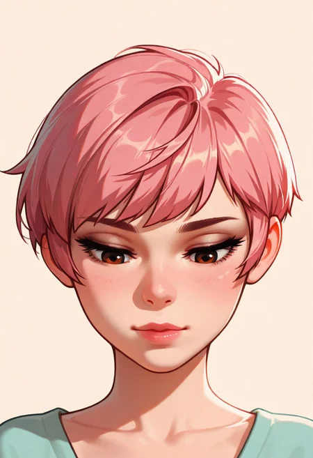 chibi, high contrast, masterpiece, best quality, amazing quality, very aesthetic, retro artstyle, realistic, promotional art, newest, volumetric lighting.
(artist:incase:0.5), (artist:tsuaii:0.5), color theory,
1girl, face,solo, straight-on, focus on face, front view, portrait, tilt head down, look down, Pixie cut, pink hair, luminescent background, simple background.