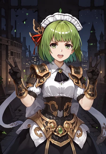safe_pos, 1girl, solo, solo focus, highres, absurdres, CtK_Goujian, green hair, short hair, maid headdress, green eyes, bangs, hair ribbon, v-shaped eyebrows, hair ornament,

black gloves, black dress, armored dress, shoulder armor, black ascot, white bow, puffy short sleeves, pauldrons, white shirt, green brooch, gold trim, vambraces, faulds,

looking at viewer, double v, smile, open mouth, head tilt, hands up,

ruins, cityscape, neon lights, shade, night, night sky, dark, backlighting,