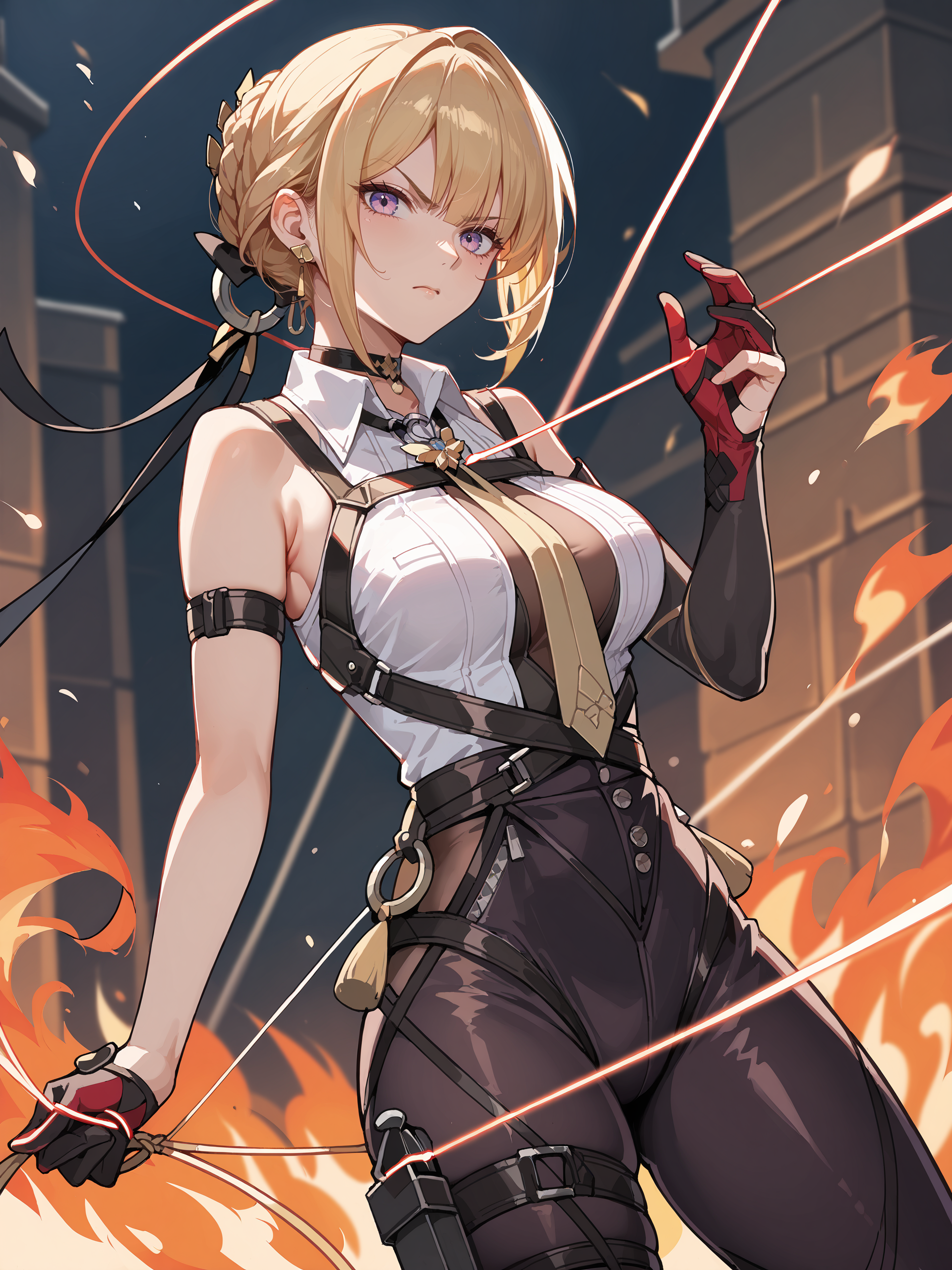 score_9, score_8_up, score_7_up, source_anime, ray tracing, best quality,  <lora:Style-Expressive_H-pony:0.8:hr=0.4>,  <lora:Char-ZZZ-Evelyn-V1-Pony:0.9:hr=0.6>, 1girl, solo, evelyn chevalier, braided bun, hair up, black hair ribbon, earpiece, thigh holster, arm strap, single gauntlet, black gloves, high-waist tight pants, collared sleeveless shirt, chest harness, yellow necktie, pendant choker, depth of field, cowboy shot, string, thread, fire, combat pose, incoming attack, glaring, looking at viewer