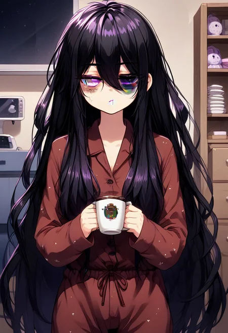 1girl, masterpiece, very long Puffy purple and black hair, heterochromia, bright red and purple eyes, dark red pajamas, tired, holding coffee, wearing dark blue fuzzy slippers, apartment, daytime,