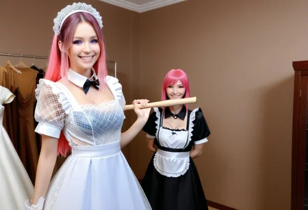 w0gf1l,
wedding dress (made of tiny neon glass filaments:1.5), wedding dress on a mannequin,
bridal store,
BREAK
1girl, looking at wedding dress on mannequin, happy, wide smile, giggly,
CivChan, purple eyes, pink hair,
traditional maid uniform, standing looking sweet, coy, holding a wooden baseball bat over her shoulder, smiling sweetly,