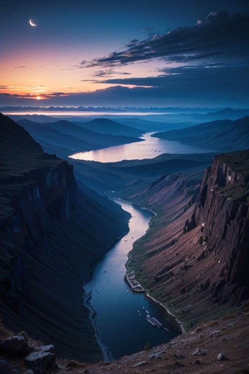 full shot,River,Mountains,forests,half moon, clouds, beautiful sky, night, epic landscape, desolate atmosphere, from above, photorealistic, masterpiece, 64k, UHD, ultra detailed, vivid colors, high quality, sharp focus