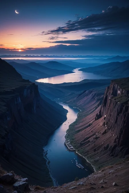 full shot,River,Mountains,forests,half moon, clouds, beautiful sky, night, epic landscape, desolate atmosphere, from above, photorealistic, masterpiece, 64k, UHD, ultra detailed, vivid colors, high quality, sharp focus
