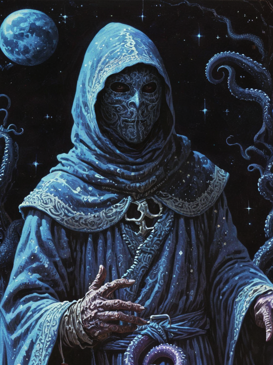 1970's dungeons and dragons dark fantasy artstyle, a hooded figure, grey patterned robes, hooded,shadowy mask, tentacles, merchant, starry sky , grain, cinematic, realistic, photo <lora:dark_fantasy-000013:1>