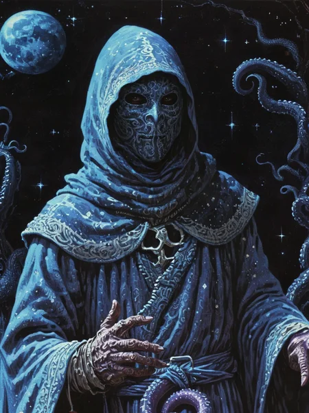 1970's dungeons and dragons dark fantasy artstyle, a hooded figure, grey patterned robes, hooded,shadowy mask, tentacles, merchant, starry sky , grain, cinematic, realistic, photo <lora:dark_fantasy-000013:1>