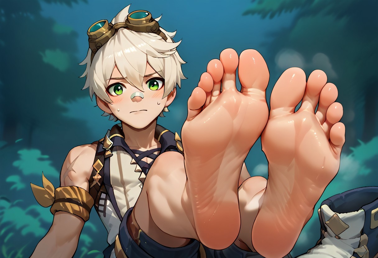 Expressiveh, score_9, score_8_up, score_7_up, score_6_up, 1boy, bennett,green eyes,white hair,hair between eyes,short hair,bangs,googles,goggles on head,bandaid,bandaid on face,bandaid on nose,sleeveless,scar,scar on arm,shorts, barefoot, boots removed, steam, steamy feet, in the forest, feet, sweaty, glistening sweaty skin, looking away, nervous, embarassed, Big feet, soles, Draugnut, Draugnut style, night time, at night, foot focus, soles, close-up, pov,
