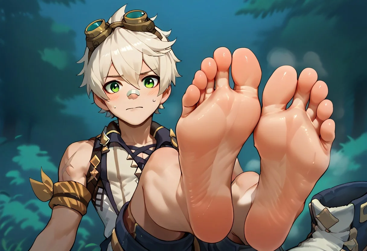 Expressiveh, score_9, score_8_up, score_7_up, score_6_up, 1boy, bennett,green eyes,white hair,hair between eyes,short hair,bangs,googles,goggles on head,bandaid,bandaid on face,bandaid on nose,sleeveless,scar,scar on arm,shorts, barefoot, boots removed, steam, steamy feet, in the forest, feet, sweaty, glistening sweaty skin, looking away, nervous, embarassed, Big feet, soles, Draugnut, Draugnut style, night time, at night, foot focus, soles, close-up, pov,