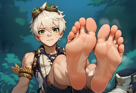 Expressiveh, score_9, score_8_up, score_7_up, score_6_up, 1boy, bennett,green eyes,white hair,hair between eyes,short hair,bangs,googles,goggles on head,bandaid,bandaid on face,bandaid on nose,sleeveless,scar,scar on arm,shorts, barefoot, boots removed, steam, steamy feet, in the forest, feet, sweaty, glistening sweaty skin, looking away, nervous, embarassed, Big feet, soles, Draugnut, Draugnut style, night time, at night, foot focus, soles, close-up, pov,