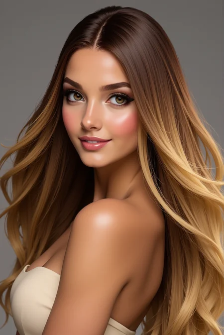 <lora:FANCHA_v.6:0.8> Nuanatom style. Close shot portrait. A stunning young woman is depicted with an air of elegance, her flowing hair the focal point of this dynamic portrait. Her long, voluminous locks cascade in a flawless gradient of warm, honey-toned balayage, transitioning seamlessly from rich brunette at the roots to golden highlights at the ends. The hair is caught in motion, fanning outward with natural fluidity, emphasizing its silky texture and radiant shine. Her gaze is direct and confident, with luminous, expressive eyes framed by softly arched brows that enhance her expressive features. Her skin glows with a soft, dewy finish, while her lips form a gentle smile, painted in a muted pink that adds a touch of understated sophistication. She wears a strapless, cream-colored ensemble that complements the warmth of her hair and skin, allowing her natural beauty to remain the centerpiece. The backdrop is a subtle gray gradient, creating a clean, modern aesthetic that directs attention to her and the interplay of light on her hair. The image radiates contemporary glamour, with a sense of effortless beauty reminiscent of high-fashion editorials.