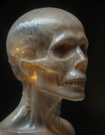 profile, translucent human, allowing to see his skull clearly through the thin layer of skin, see through skin, The skull is visible behind the skin and should emit eerie glow, casting a light, hollow eyes that reflect a deep sorrow, The background is a dark dimly lit, unsettling atmosphere, The overall mood is one of melancholy and eerie beauty, high contrast, subsurface scatter, <lora:sss:1>, <lora:SDXLFaeTastic2400:0.3>, <lora:Aether_Ghost_v1.1_LoRA:0.7>, <lora:sdxl_glass:0.6>, <lora:NicolaSamori:0.3>
