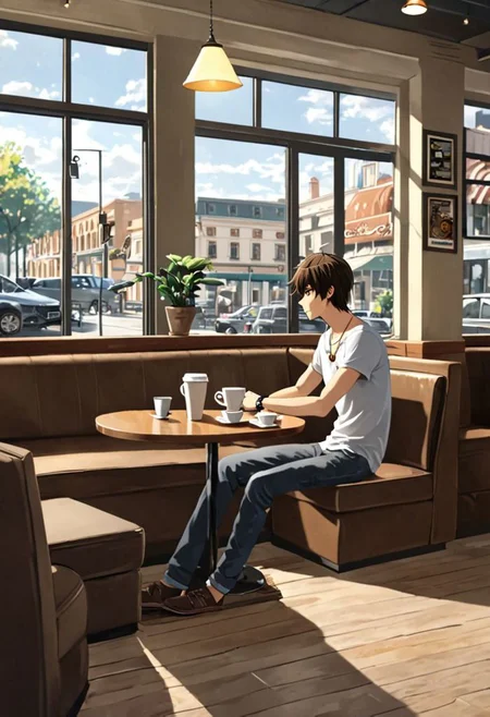 Highres, Masterpiece, High Quality, 4K, 8K, solo, 1Boy, Seiya Kanie, short dark brown hair, golden eyes, cafe, corner cafe, room corner, corner room, hang out, tables, chairs, sofas, pillows, window views, comfortable, coffee cups, casual wear, small simple necklaces, bracelets, watches, easynegative, detailed_eye_model