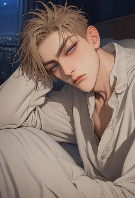 1boy, solo, male focus, slim toned male, xixi_(19_days), zhan_zheng_xi, brown blonde hair, short hair, pale skin, blue grey eyes, slim face, detailed eyes, satisfaction, satisfied, neutral, detailed face, slim face,
dark theme, intense shadow, intimidating, chest close to viewer, dark light, no light, dark out, shadow,
pajamas, socks, long pants, sweaty hair, long sleeves, looking at viewer, in bed, aesthetic, (night:1.2), dark room, (sleeping:1.1), closed eyes
sweating, sweat, steaming, heavy breathing, front view, seductive, romantic, sleeping, clothes pull, relax
rating PG, score_9,score_8_up,score_7_up, source_anime, male focus, manly, tall, detailed eyebrow, sharp eyebrows, focus on thigh, thigh focus, random view