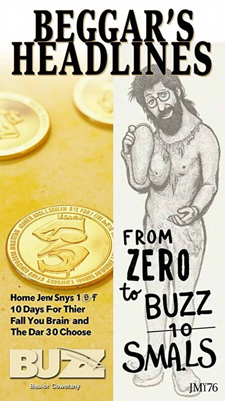 A "BUZZ" magazine background. At the top, the text spells out 'Beggar's Headlines'. On the left side of the image, there's a photo of golden coin. On the right side, there's an image of a comical beggar. At the bottom of the image, text spells out 'From Zero to Buzz in 10 Days!"