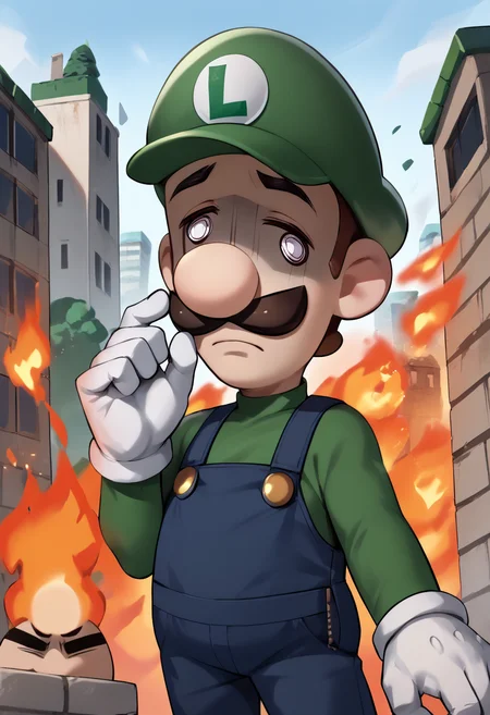 score_9, score_8_up, score_7_up, @ @, shaded face, <lora:TraumatizedGotoh_pdxl_Incrs_v1:1.5>, 1boy, <lora:Luigi_XLPD:1> Incrsluigi, luigi, green headwear, blue overalls, white gloves, long sleeves, fire, burning building, outdoors, uneven eyes,