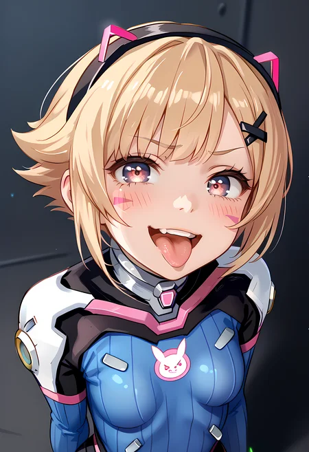 score_9, score_8_up, score_7_up <lora:Capella_pony_v2:1> rating_safe,, cartoon character ,short hair, and is smiling, tongue, glowing pink eyes, blonde hair, tongue out, navel open mouth,,teeth, small breasts, 1 girl,solo,blush,smug,capella,
black rosette hair pins,,detailed face, ,from above, <lora:overwatch-dva-cosplay-ponyxl-lora-nochekaiser:1> overwatch dva cosplay, d.va (overwatch) (cosplay), bodysuit, cosplay, covered navel, skin tight, vertical-striped bodysuit, (portrai shot, upper body)