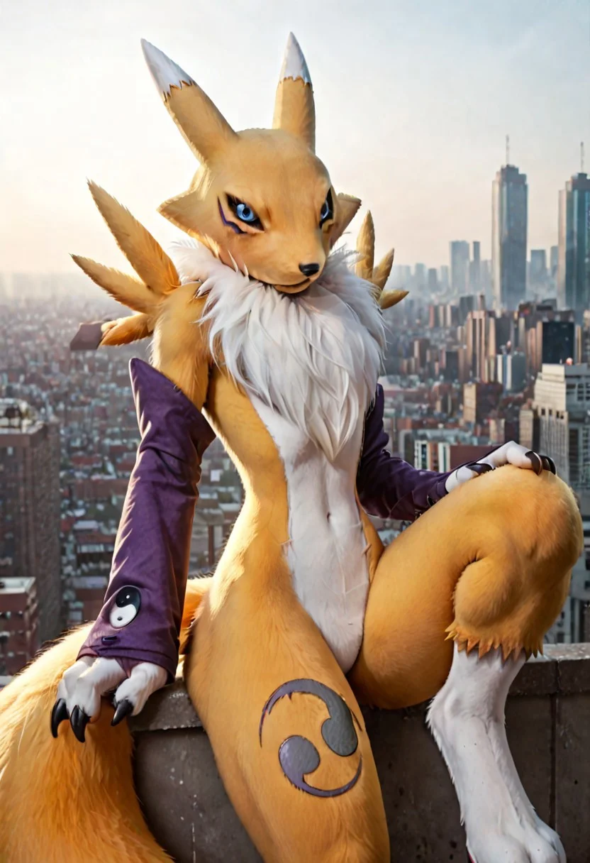 score_9, score_8_up, score_7_up, score_6_up, score_5_up, score_4_up, BREAK, solo, 1girl, renamon, anthro, furry, furry female, furry body, detailed fur, realistic fur, yellow fur, blue eyes, black sclera, flat chest, thin waist, slender waist, thick thighs, huge thighs, (tail:1.5), dipstick tail, mostly nude, purple bridal gauntlets, no nipples, featureless crotch, action pose, dynamic pose, sexy pose, arched back, one leg up, city rooftop, photorealistic, hyperrealism, photography, real life