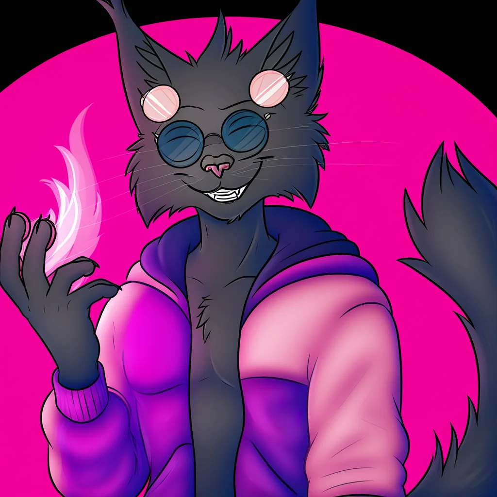 black fur, lynx, Anthro, smirking, long tail, anthro, purple magic, glasses, feline nose, fluff on ears, Round solar glasses, Feline, feline, purple and pink jacket, pink lights, black nose