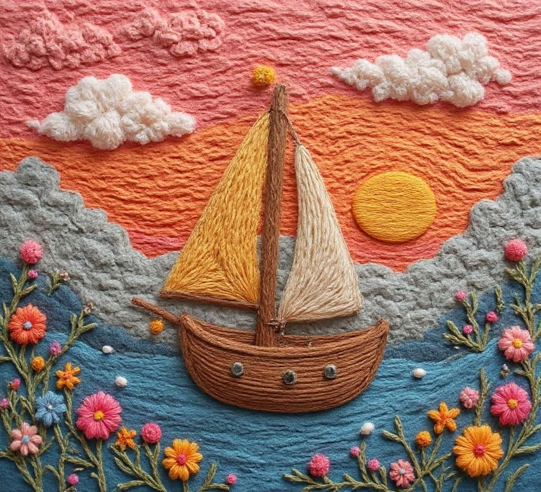 <lora:YarneyYarnYarnv2.safetensors:1> The scene is rendered in a handcrafted aesthetic, resembling yarn-based knitting with visible stitchwork, evoking warmth and artisanal charm. The Ketch, a sailboat with a seashell-shaped sail, is intricately crafted with soft plush textures and stitched contours, its teak companionway adorned with small metallic accents that glisten in the light. The sail, a blend of warm oranges and yellows, contrasts with the cool grays and light blues of the water, creating a harmonious palette. The boat sails across a calm stream, its surface textured with gentle ripples that mimic the soft, diffuse lighting of a maroon sunset. The air is filled with the sound of crashing surf and the faint creak of the boat’s wooden frame, while the salty tang of the sea mingles with the earthy scent of varnished teak. Overhead, the sunset vistas are depicted with whimsical, imperfect stitchwork, their warm hues blending into the horizon. The scene exudes a playful, youthful energy, rooted in the joy of handmade craftsmanship, with every detail celebrating the unique quirks of its creation.