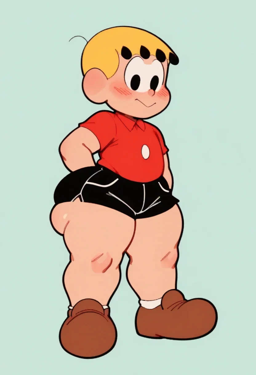 FranjinhaTDM, 1boy, blonde hair, black eyes, red polo shirt, black shorts, brown shoes, solo, full body, standing, femboy, thicc thighs, huge butt, blushing