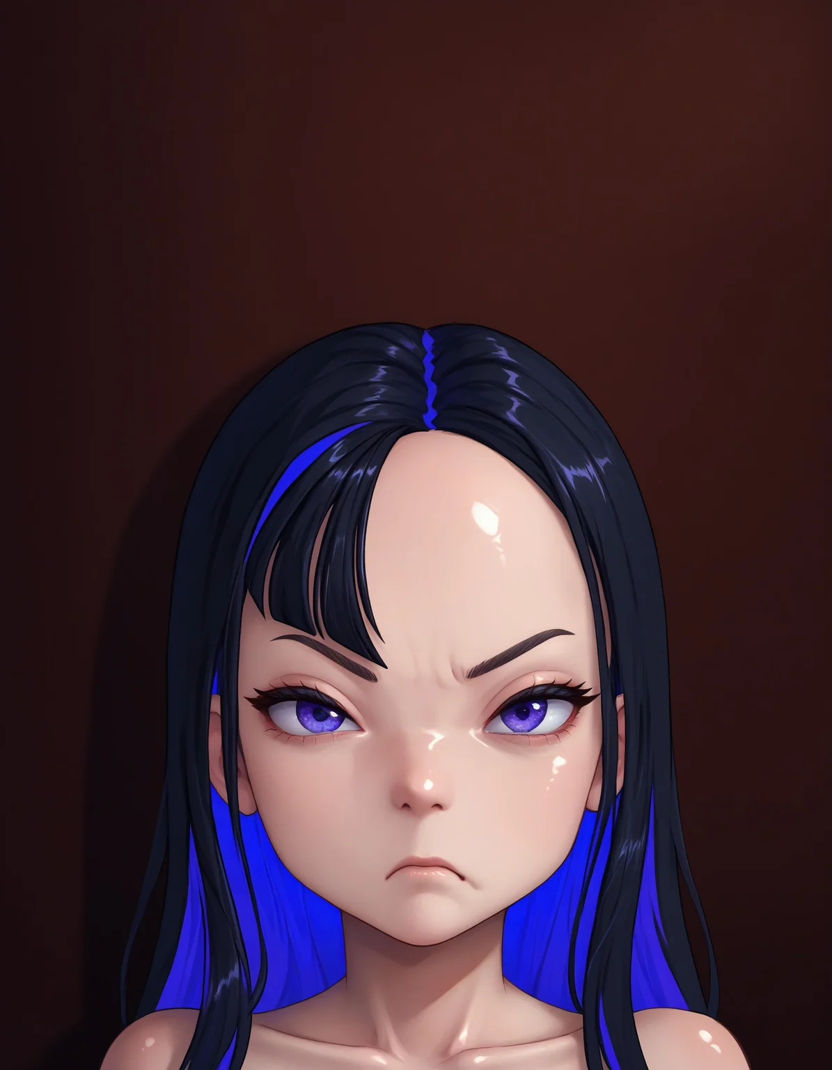 score_9, score_8_up, score_7_up, score_6_up, source_anime,
BREAK
1girl, eundef, small breasts, long hair, asymmetrical bangs, ((forehead)), purple eyes, black hair, colored inner hair, purple hair, (face close-up, looking up:1.2), shiny skin, frown, pout, mouth out of frame,
<lora:eunhwanikke-pdxl-ravenfoot-v1-CAME:1>