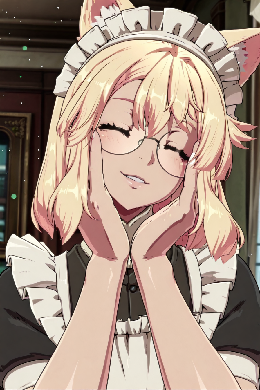 shiny skin, posing,
<lora:bridget.il:1>,
bridget,
glasses, cat ears, 
twin braids, 
maid costume, apron, headdress, frill, lace, see-through, halterneck, 
indoors,  
looking at viewer, smile, parted lips, hands together, hand to face, closed eyes, 
upper body, head tilt, blush,  light particles,
