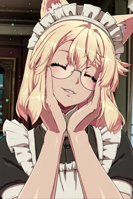 shiny skin, posing,
<lora:bridget.il:1>,
bridget,
glasses, cat ears,
twin braids,
maid costume, apron, headdress, frill, lace, see-through, halterneck,
indoors,
looking at viewer, smile, parted lips, hands together, hand to face, closed eyes,
upper body, head tilt, blush, light particles,