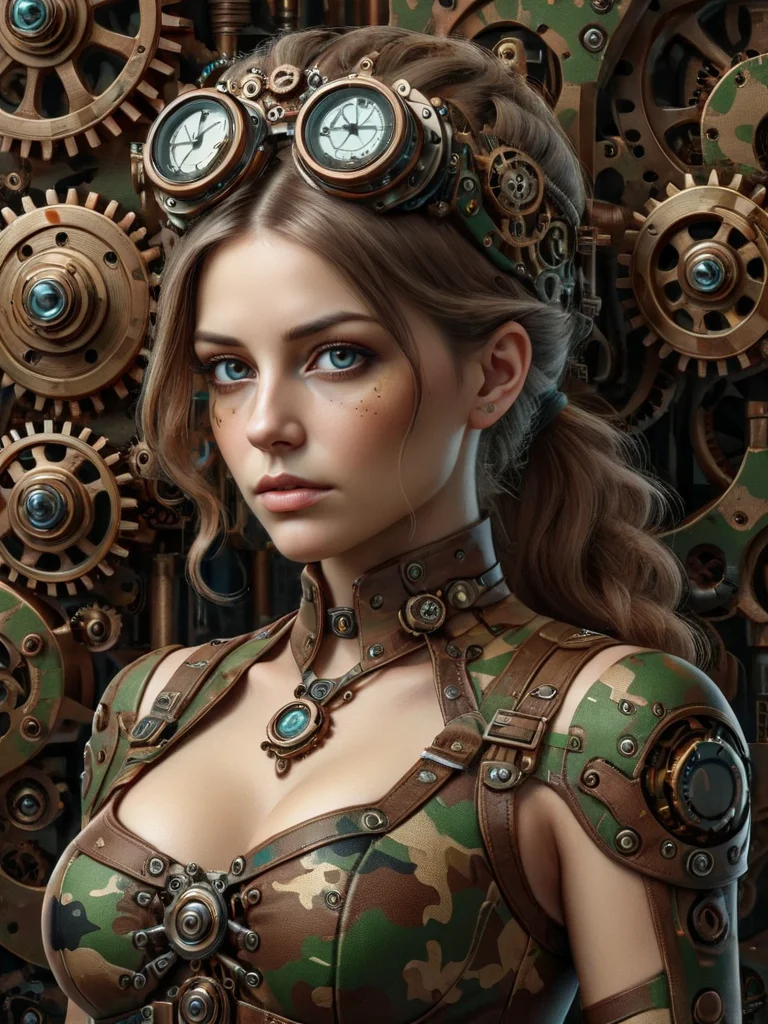 (masterpiece, best quality:1.2) steampunk style portrait of woman, 1girl, steampunk accessories with neural connections, blend of organic and mechanical elements, organic meets artificial, antique, mechanical, illustration, fantasy, gears, intricate, detailed symbolic, 8k, UHD, extremely detailed art, trending on artstation, style of Donato Giancola, ral-camo <lora:ral-camo-sdxl:1>