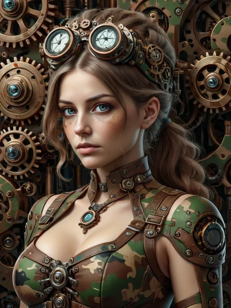 (masterpiece, best quality:1.2) steampunk style portrait of woman, 1girl, steampunk accessories with neural connections, blend of organic and mechanical elements, organic meets artificial, antique, mechanical, illustration, fantasy, gears, intricate, detailed symbolic, 8k, UHD, extremely detailed art, trending on artstation, style of Donato Giancola, ral-camo <lora:ral-camo-sdxl:1>