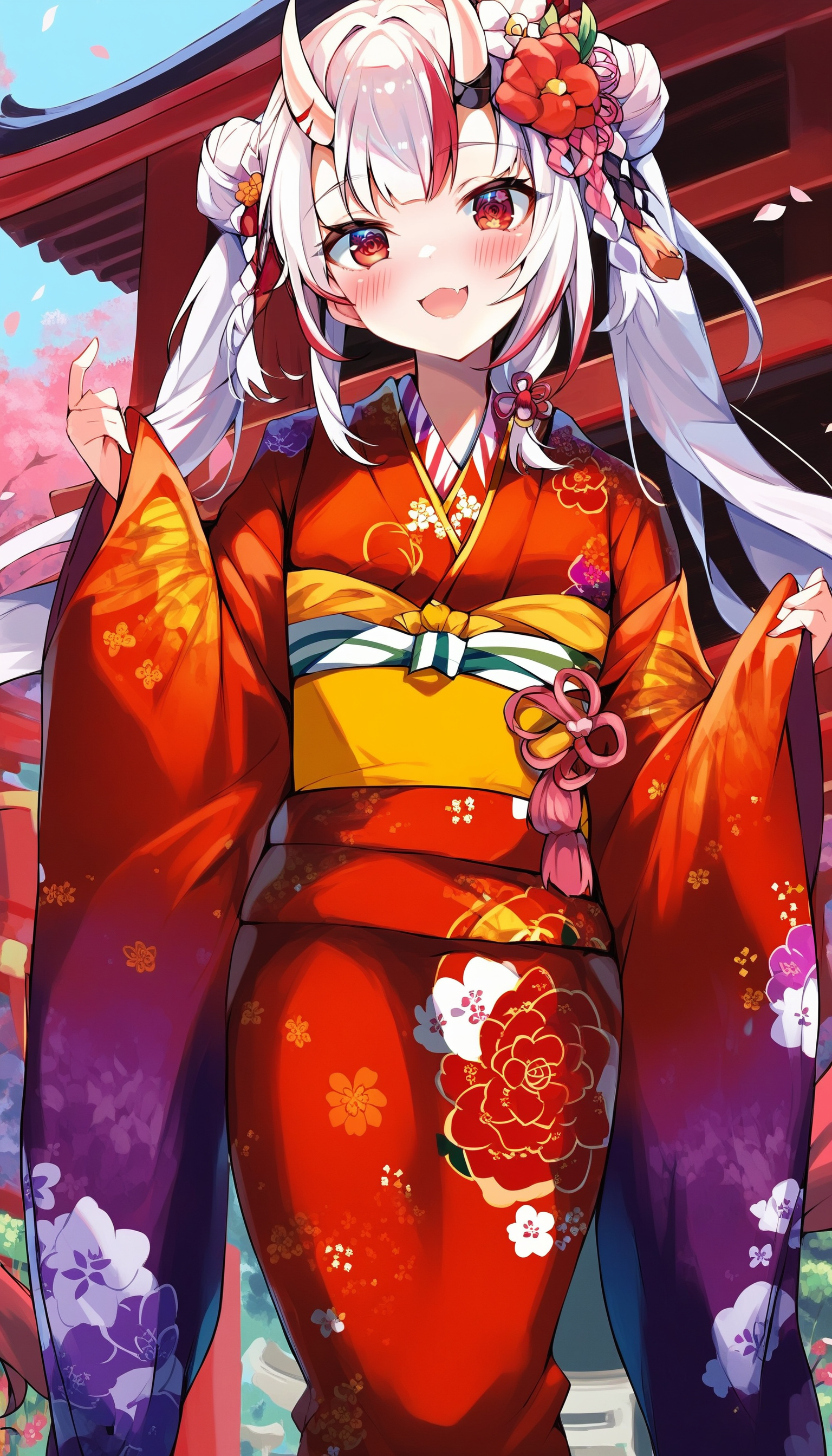 score_9, score_8_up, score_7_up, score_6_up, source anime, suggestive,
nakiri ayame, nakiri ayame newyear, 1girl, japanese clothes, kimono, skin-covered horns, solo, hair ornament, long hair, flower, looking at viewer, hair flower, smile, blush, open mouth, shrine, red kimono, oni, sash, obi, fang, outdoors, floral print, red flower, hair bun, wide sleeves, long sleeves, kanzashi, :d, print kimono, twintails, new year
<lora:nakiri_ayame_v1:1>