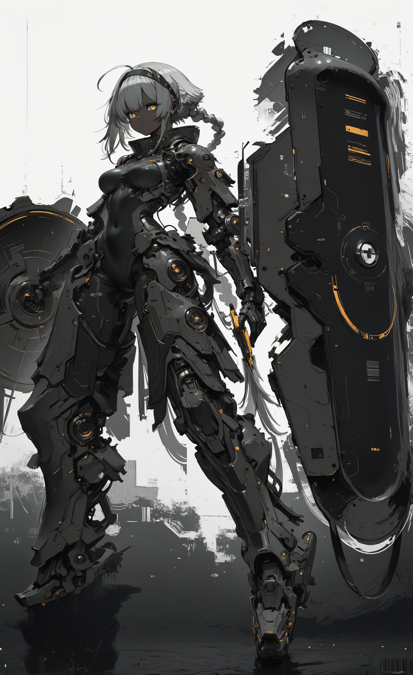 masterpiece, best quality, good quality, newest, highres, absurdres, 1girl, solo, long hair, breasts, looking at viewer, white background, holding, very long hair, medium breasts, standing, full body, yellow eyes, grey hair, ahoge, braid, hairband, dark skin, armor, dark-skinned female, single braid, covered navel, bodysuit, science fiction, shield, mecha musume, holding shield, barcode, mechanical legs, in the style of cknc,mcnm,
G0zeNA_illu, abstract, surreal <lora:illustriousXL_stabilizer_v1.23:0.3> <lora:NOOB_vp1_detailer_by_volnovik_v1:0.3> <lora:ponyv6_noobE11_2_adamW-000017:0.3> <lora:ck-nc-cyberpunk-IL-000011:0.7> <lora:Mechanism-Illustious:0.8> <lora:G0zeNA_style:1>