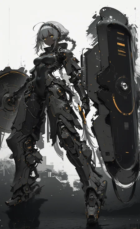 masterpiece, best quality, good quality, newest, highres, absurdres, 1girl, solo, long hair, breasts, looking at viewer, white background, holding, very long hair, medium breasts, standing, full body, yellow eyes, grey hair, ahoge, braid, hairband, dark skin, armor, dark-skinned female, single braid, covered navel, bodysuit, science fiction, shield, mecha musume, holding shield, barcode, mechanical legs, in the style of cknc,mcnm,
G0zeNA_illu, abstract, surreal <lora:illustriousXL_stabilizer_v1.23:0.3> <lora:NOOB_vp1_detailer_by_volnovik_v1:0.3> <lora:ponyv6_noobE11_2_adamW-000017:0.3> <lora:ck-nc-cyberpunk-IL-000011:0.7> <lora:Mechanism-Illustious:0.8> <lora:G0zeNA_style:1>