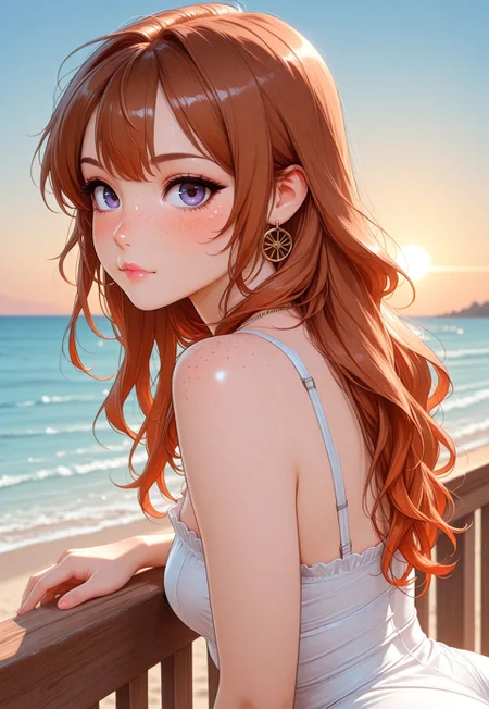 Beautiful, ultra high quality, very detailed, 8k, detail focus, civchan,( auburn gradient hair:1.3), medium wavy hair, cute face, perfect face, purple eyes, small nose, soft features, perfect makeup, pink lipstick, lip gloss, eyeliner, mascara, eyelashes, perfect skin, blush, gold hoop earrings, necklace, enticing look, lustful, sexy, attractive, (zoomed out:1.2), masterpiece, highest quality, 1girl, freckles ,( body turned to side:1.2), (face turned toward viewer:1.2), side profile of ass, leaning on wooden railing, beach background, sunset, beautiful sky