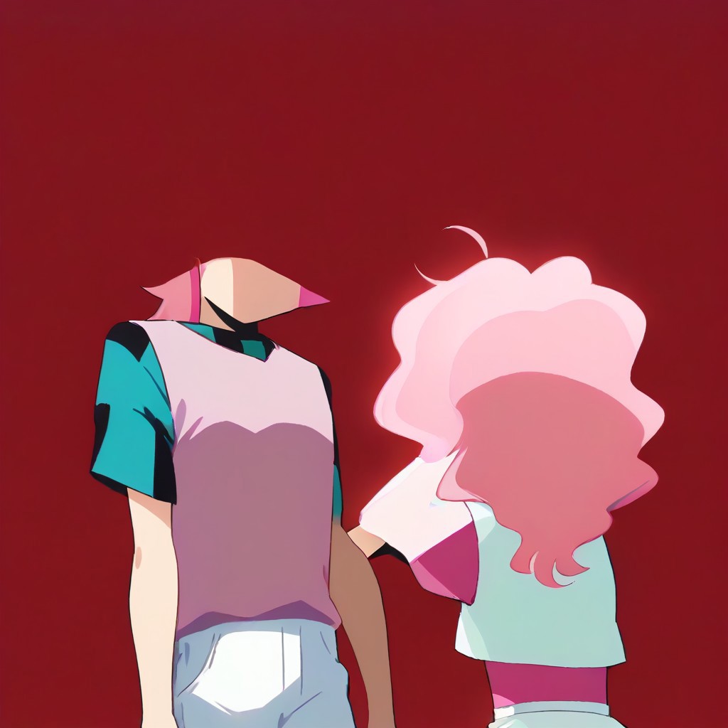 Nakajima Noriko, pink hair with bangs, blue eye, wearing a pink vest over a blue-green checkered shirt, white shorts,,
